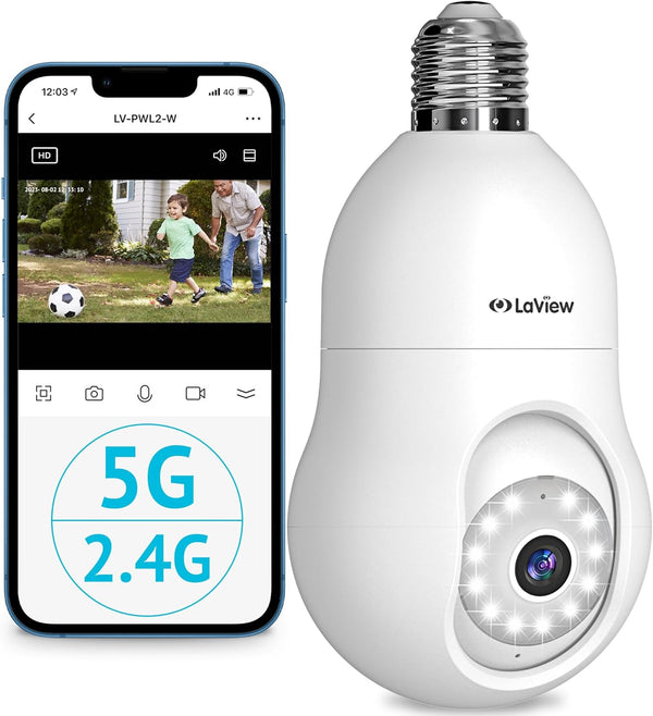 LaView 4MP Bulb Security Camera 5G& 2.4GHz WiFi, 360°2K, LV-PWL2-W-5G - WHITE Like New