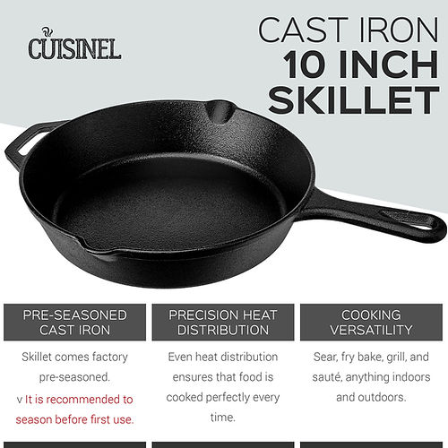 CUISINEL PRE-SEASONED CAST IRON SKILLET 10-INCH W/ HANDLE COVER - BLACK - Like New
