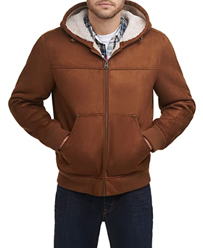 LEVI'S MEN'S BUFFED COW LEATHER HOODY BOMBER BROWN FAUX SHEARLING-BROWN-L - Brand New