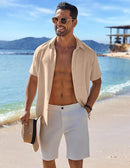COOFANDY MEN'S CASUAL BUTTON DOWN SHIRTS SHORT SLEEVE SUMMER BEACH - M - KHAKI - Like New