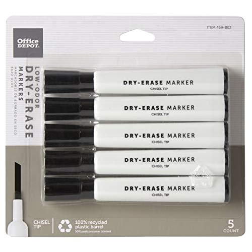 OFFICE DEPOT LOW-ODOR DRY-ERASE MARKERS POINT RECYCLED W-3113BK5 - BLACK - Brand New