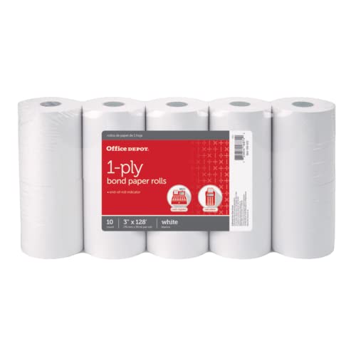Office Depot 1-Ply Paper Rolls, 3" x 128', 10 Rolls/Pack, 109023 - White - Brand New