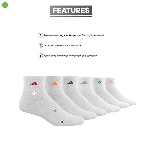 5141549A ADIDAS WOMEN ATHLETIC CUSHIONED 6-PACK ANKLE SOCKS WHITE SIZE 5-10 - Brand New