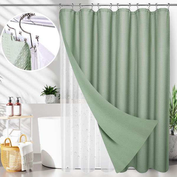 LACYAN 3 IN 1 WATERPROOF WAFFLE WEAVE SHOWER CURTAIN 12 HOOKS 72X72 - GREEN - Like New