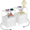 OUMILEN WHITE NIGHTSTAND  2 FABRIC DRAWERS END TABLE CHARGING SET OF 2 - WHITE Like New