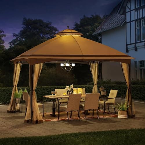 SUNJOY PENDLETON 10.5 X 13 FT 2-TIER STEEL GAZEBO, TAN & BROWN - Like New