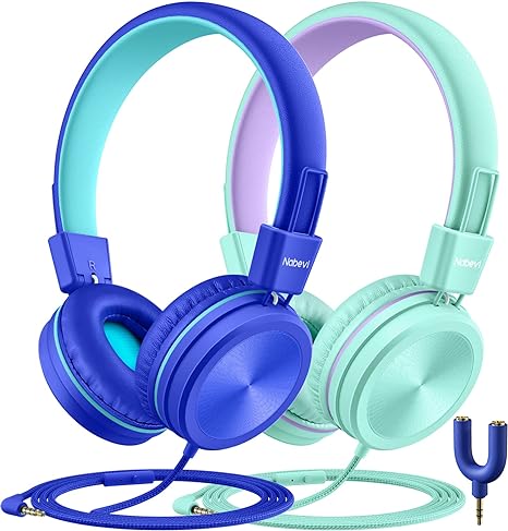 Nabevi 2 Pack Kids Headsets 91dB Volume Limited Sharing Splitter - BLUE/GREEN - Like New