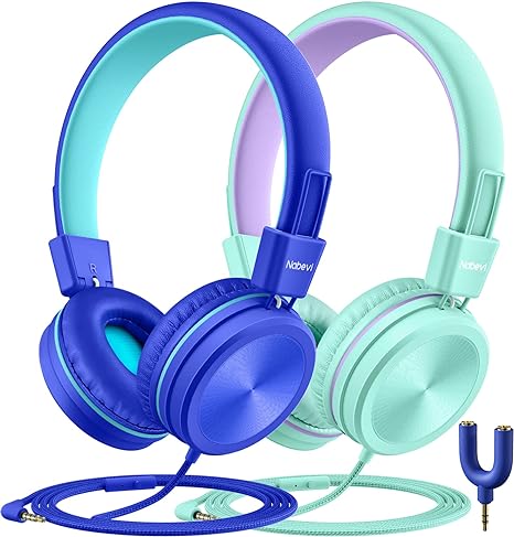 Nabevi 2 Pack Kids Headsets 91dB Volume Limited Sharing Splitter - BLUE/GREEN Like New