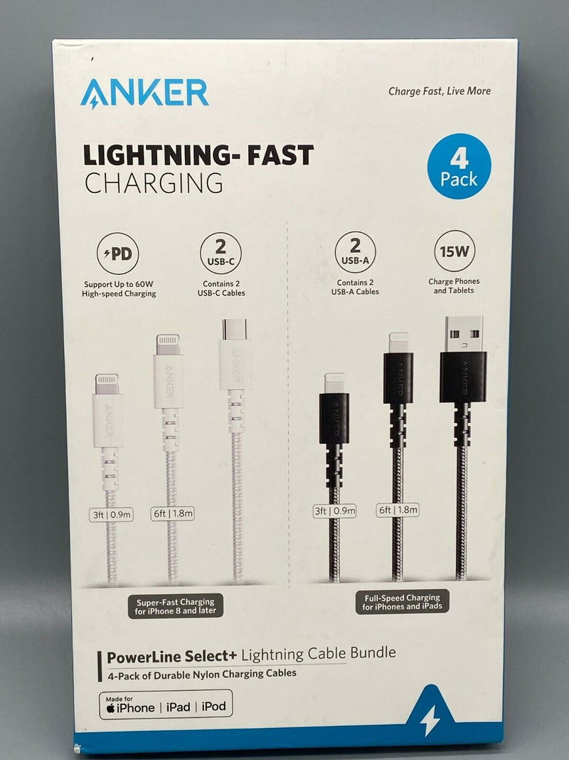 Anker PowerLine Select+ USB-A and C to Lightning Cable 4 Pack - Black/White Like New