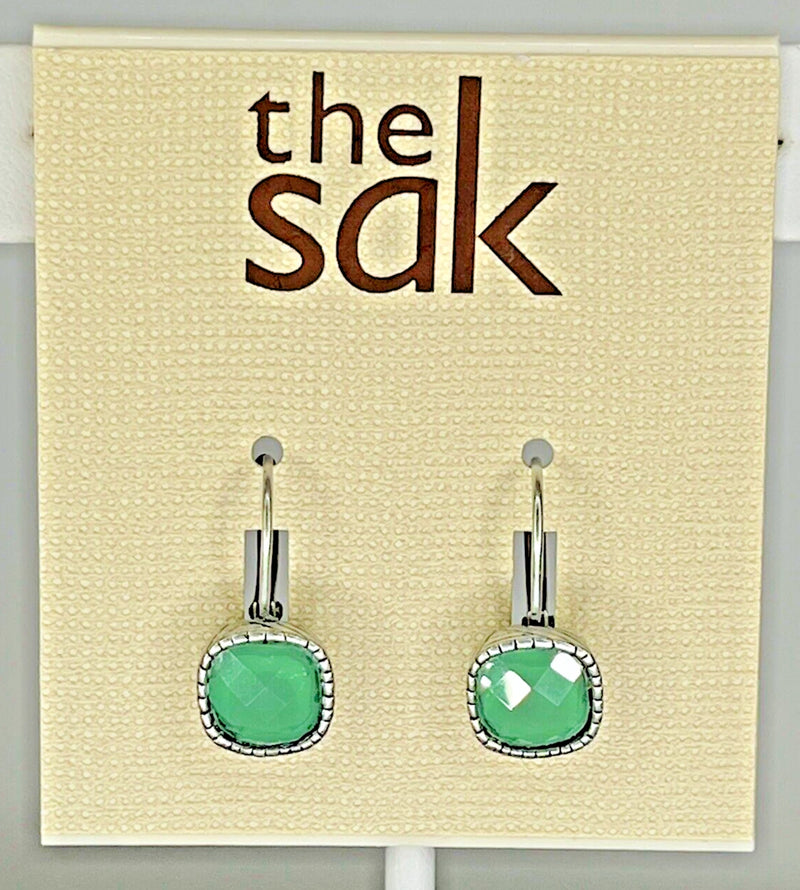 THE SAK CUSHION STONE LEVERBACK DANGLE EARRINGS NWT WOMENS - SILVER & AQUA - Like New
