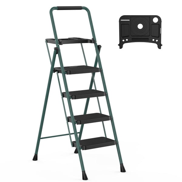 HBTOWER 4 STEP LADDER HANDRAILS FOLDING STEP STOOL PORTABLE STEEL - DARK GREEN - Like New