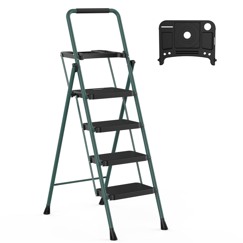 HBTOWER 4 STEP LADDER HANDRAILS FOLDING STEP STOOL PORTABLE STEEL - DARK GREEN - Like New