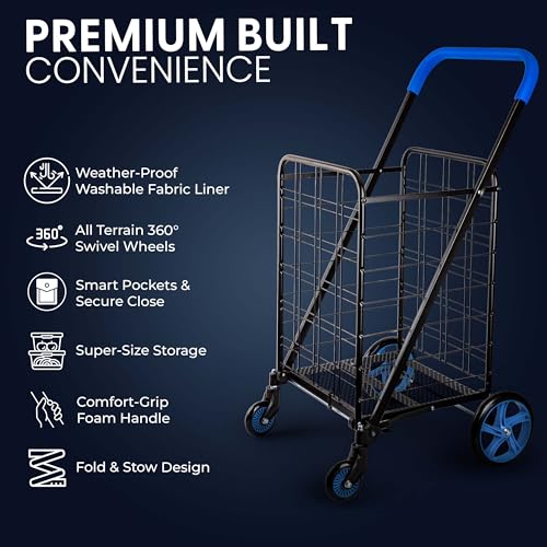 SereneLife Large Folding Utility Shopping Cart with Removable Liner - Blue - Brand New