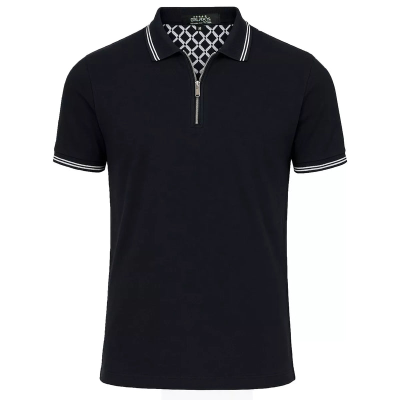 GALAXY BY HARVIC MEN’S MODERN FIT POLO SHIRT ZIP PLACKET - SIZE: MEN L - BLACK - Brand New