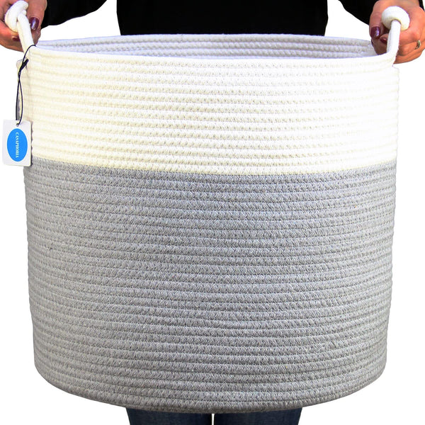 Casaphoria MB2021004 Woven Cotton Rope Basket with Handle, Light Gray - Like New