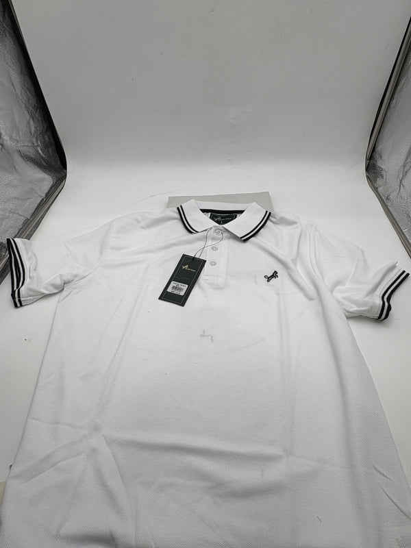 TIGER WOLF 3 BUTTON POLO SHIRT - SIZE: MEN L - WHITE/BLACK - Scratch & Dent