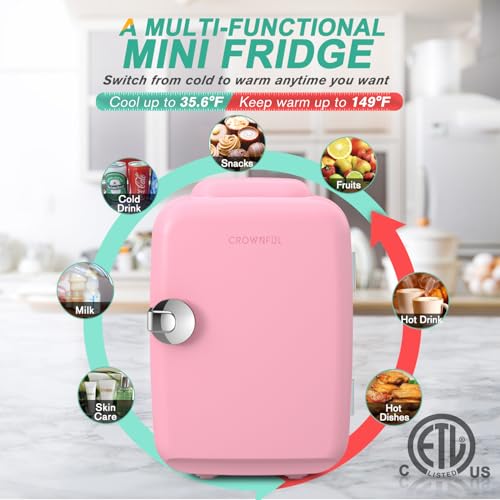 CROWNFUL Mini Fridge, 4 Liter/6 Can, Portable Cooler and Warmer - Pink - Like New