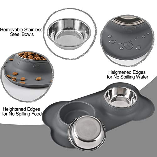 JUQIBOOM DOG BOWLS 2 STAINLESS STEEL BOWL WITH NON SPILL SKID - GRAY - Like New
