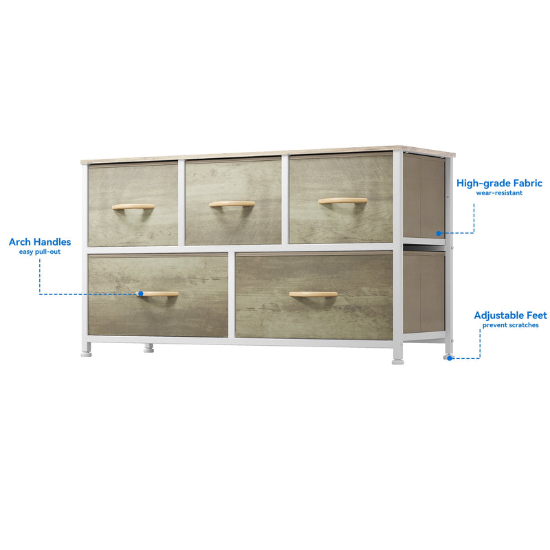 DEXTRUS 5-DRAWER FABRIC STORAGE TOWER - OAK WOOD GRAIN - Like New