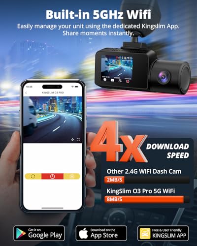 KINGSLIM 3 Channel 5G WIFI Dash Cam + 64GB, Front, Rear Inside Dashcam O3PRO - Like New