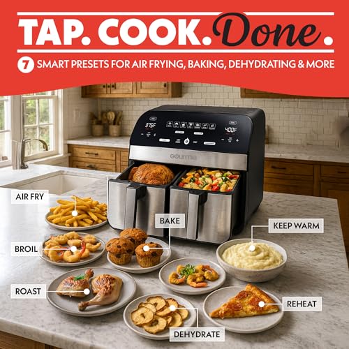 GOURMIA GAF966 10 Qt DUAL BASKET AIR FRYER COOK BLACK/STAINLESS STEEL TRIM - Like New