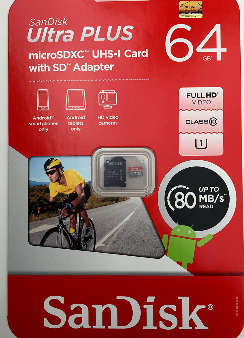 SANDISK ULTRA PLUS MICROSDXC UHS-I CARD W/ADAPTER 64GB SDSQUSC-064G-AC1MA New