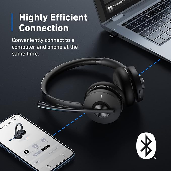 Anker PowerConf H700 Bluetooth Headset Mic Charging Stand A3510014 - Black - Like New