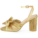 MUCCCUTE Women's Bow Knot Heeled Sandals Ankle Buckle Strap Chunky Heeled - Gold - Like New