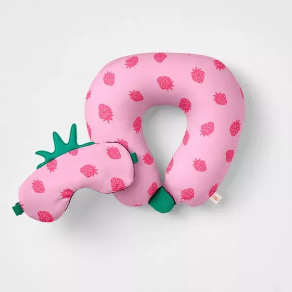 CAT AND JACK KIDS' NECK PILLOW AND EYE MASK SET STRAWBERRY - PINK - Brand New