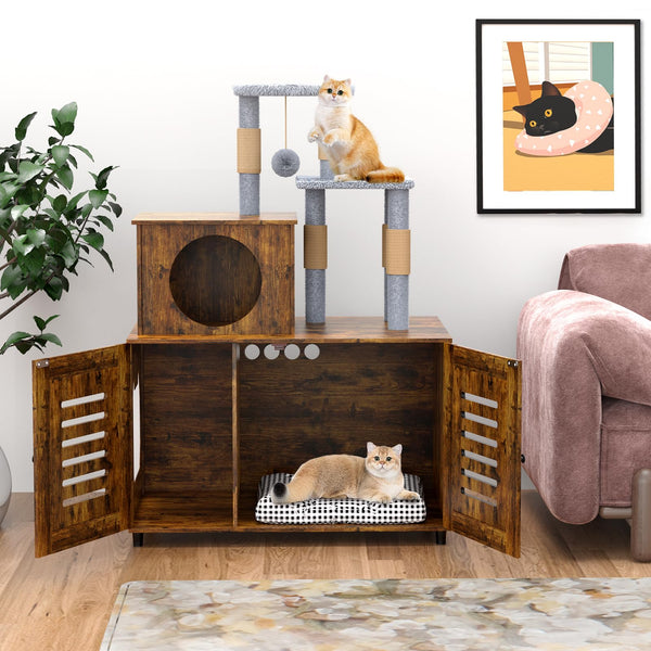 RYVORBE CAT TREE WITH LITTER BOX ENCLOSURE, HIDDEN WASHROOM FURNITURE - BROWN - Like New
