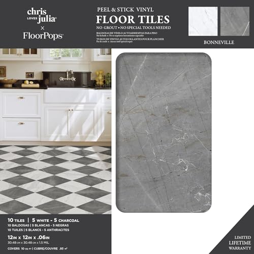 FLOORPOPS X CHRIS LOVES JULIA 12" BY 12" BONNEVILLE GRAY/WHITE MARBLE PEEL STICK - Like New