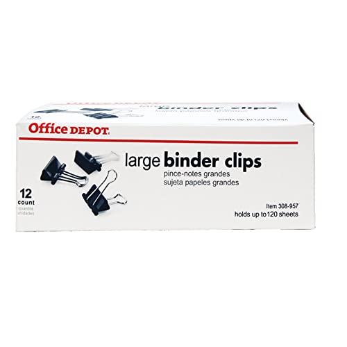 Office Depot Binder Clips, Large, 2" WIDE, 1" CAPACITY - Box Of 12 BLACK - Brand New