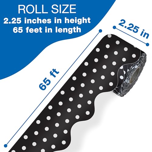 CARSON DELLOSA 65' BLACK WITH WHITE POLKA DOTS ROLLED SCALLOPED BULLETIN BOARD - Brand New