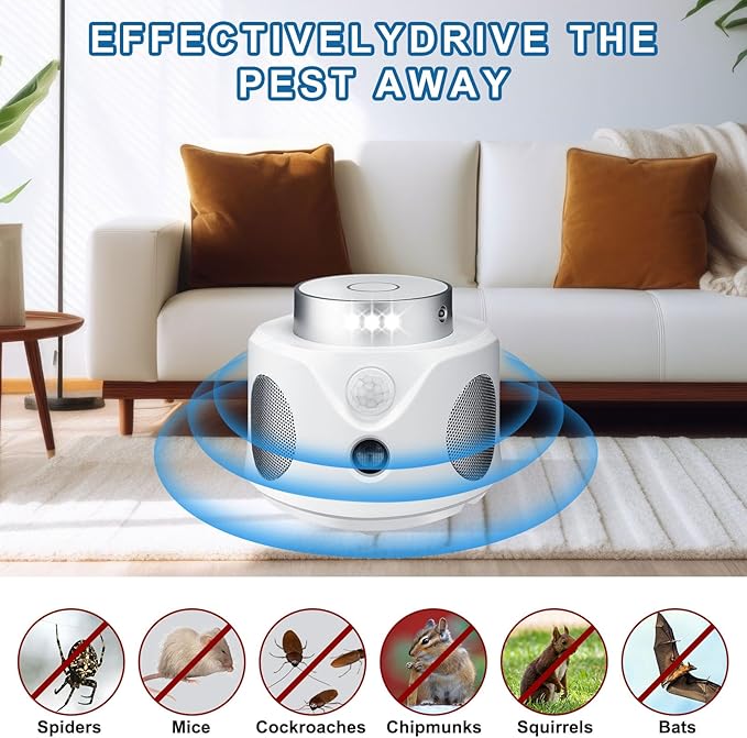 ZIMWU 4 in 1 Rodent Repellent 360° Ultrasonic 9 Strobe Lights UR02S - White Like New