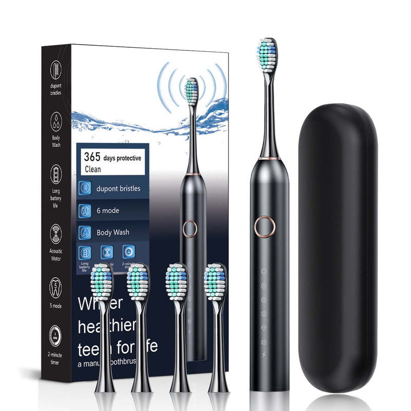 3P EXPERTS REMARKABLE GOODZ ELECTRIC TOOTHBRUSH WITH 4 BRUSH HEADS - BLACK - Like New