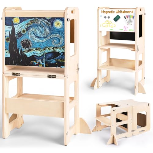 WOODURE 4-IN-1 TODDLER KITCHEN STEP STOOL, FOLDABLE LEARN, WOOD - WOOD - Like New