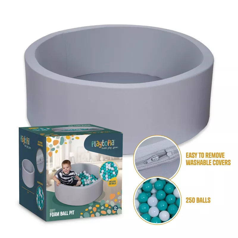 PLAYTOPIA 36" FOAM BALL PIT WITH 250 CT BALL - GRAY - Like New