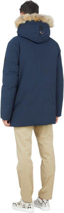 MACKAGE EDWARD-C 2-IN-1 DOWN PARKA, HOODED BIB, NATURAL FUR - SIZE 44 - NAVY - Like New