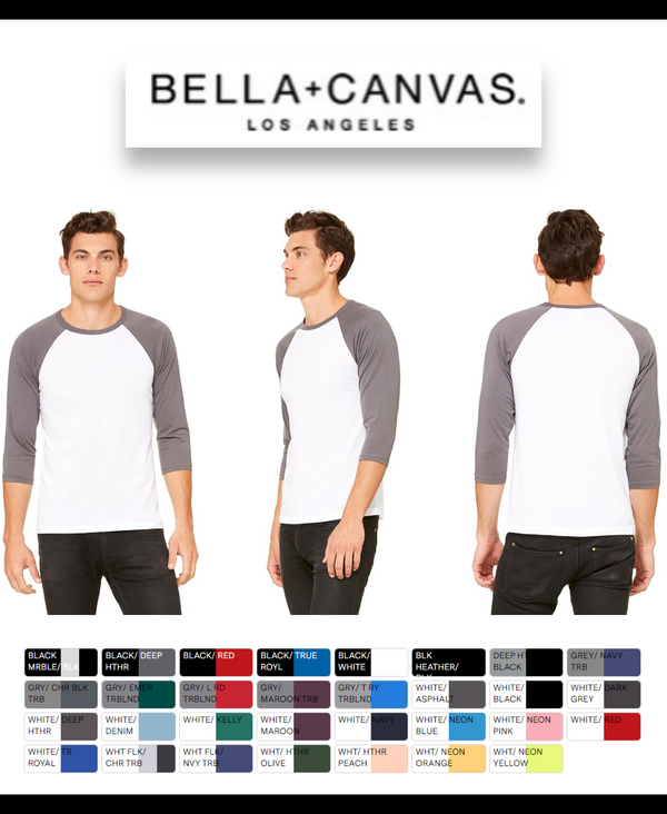 3200 Bella + Canvas Unisex 3/4-Sleeve Baseball T-Shirt - Brand New