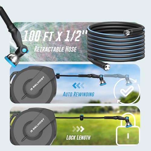 RELHOST RETRACTABLE GARDEN HOSE REEL, 100FT, 1/2IN, WALL MOUNT - DARK GRAY/BLUE - Like New
