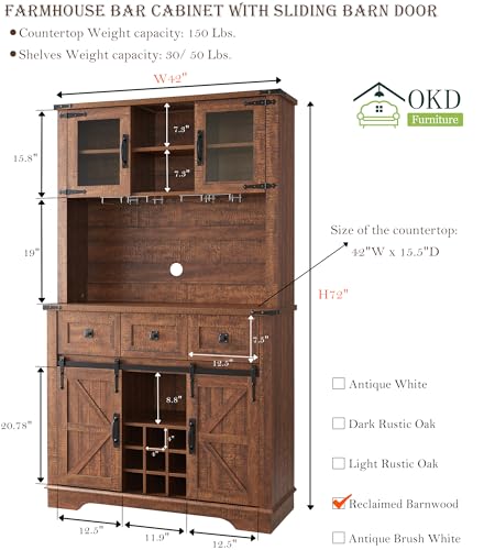 OKD 72" Farmhosue Bar Cabinet Sliding Barn Door Large Kitchen Buffet - Reclaimed - Like New
