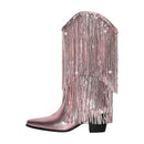 MISSHEEL RHINESTONE MID-CALF FRINGE COWBOY BOOTS - SIZE: WOMEN 9.5 - PINK - Like New