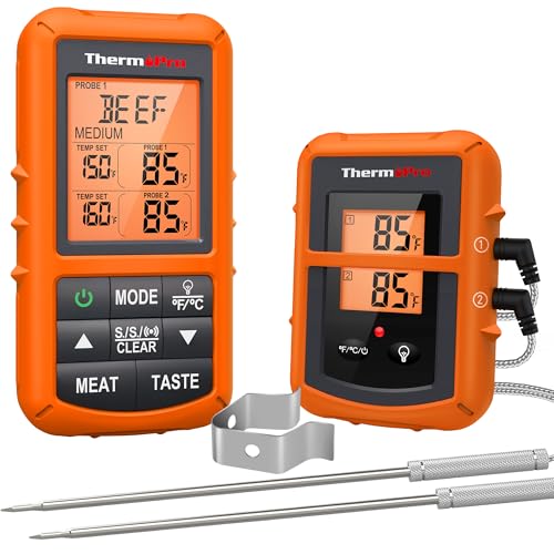 THERMOPRO TP20 500FT WIRELESS MEAT THERMOMETER DUAL MEAT PROBE - ORANGE - Like New
