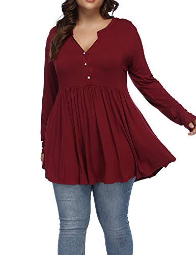 ALLEGRACE Women's Plus Size Henley V Neck Button Tunic Tops Long sleeve - Brand New