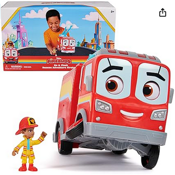 DISNEY JUNIOR FIREBUDS, BO & FLASH FIGURE & FIRE TRUCK SET WITH VROOMLINK - RED - Like New