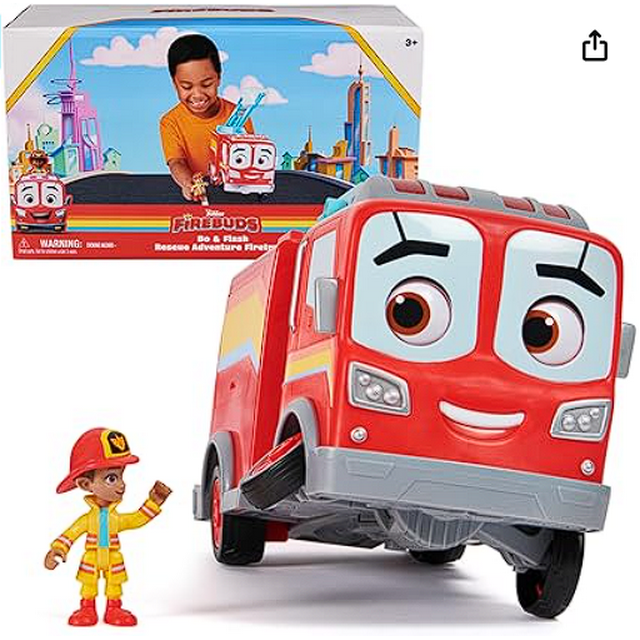 DISNEY JUNIOR FIREBUDS, BO & FLASH FIGURE & FIRE TRUCK SET WITH VROOMLINK - RED - Like New