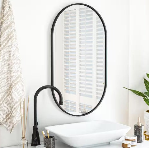 XRAMFY 17IN. W X 30IN. H OVAL CLASSIC ALUMINUM ALLOY FRAMED WALL MIRROR - BLACK - Like New