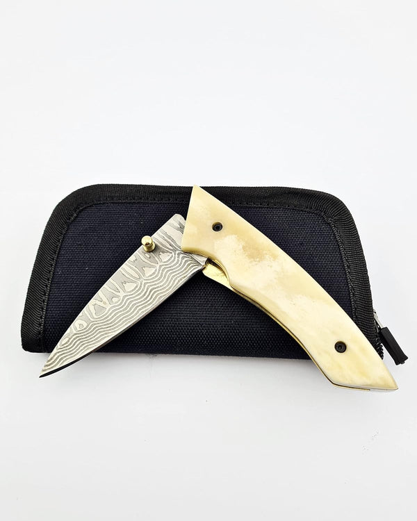 DREVNI STEEL Vetus Folding Pocket Knife Damascus Camel Bone Handle - Gold Like New