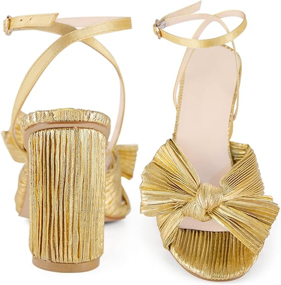 GENERIC WOMEN'S BOW KNOT ANKLE STRAP OPEN TOE HIGH BLOCK SANDALS - 11.5 - GOLD - Like New