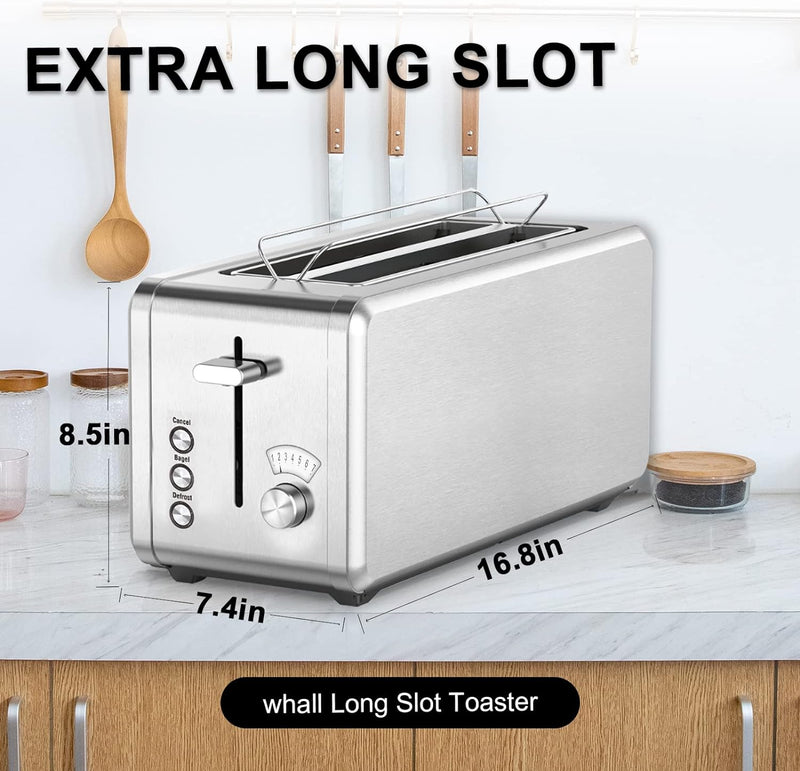 WHALL Long Slot Toaster 4 Slice Brushed Stainless Steel Toaster, 7 Toast Setting Like New